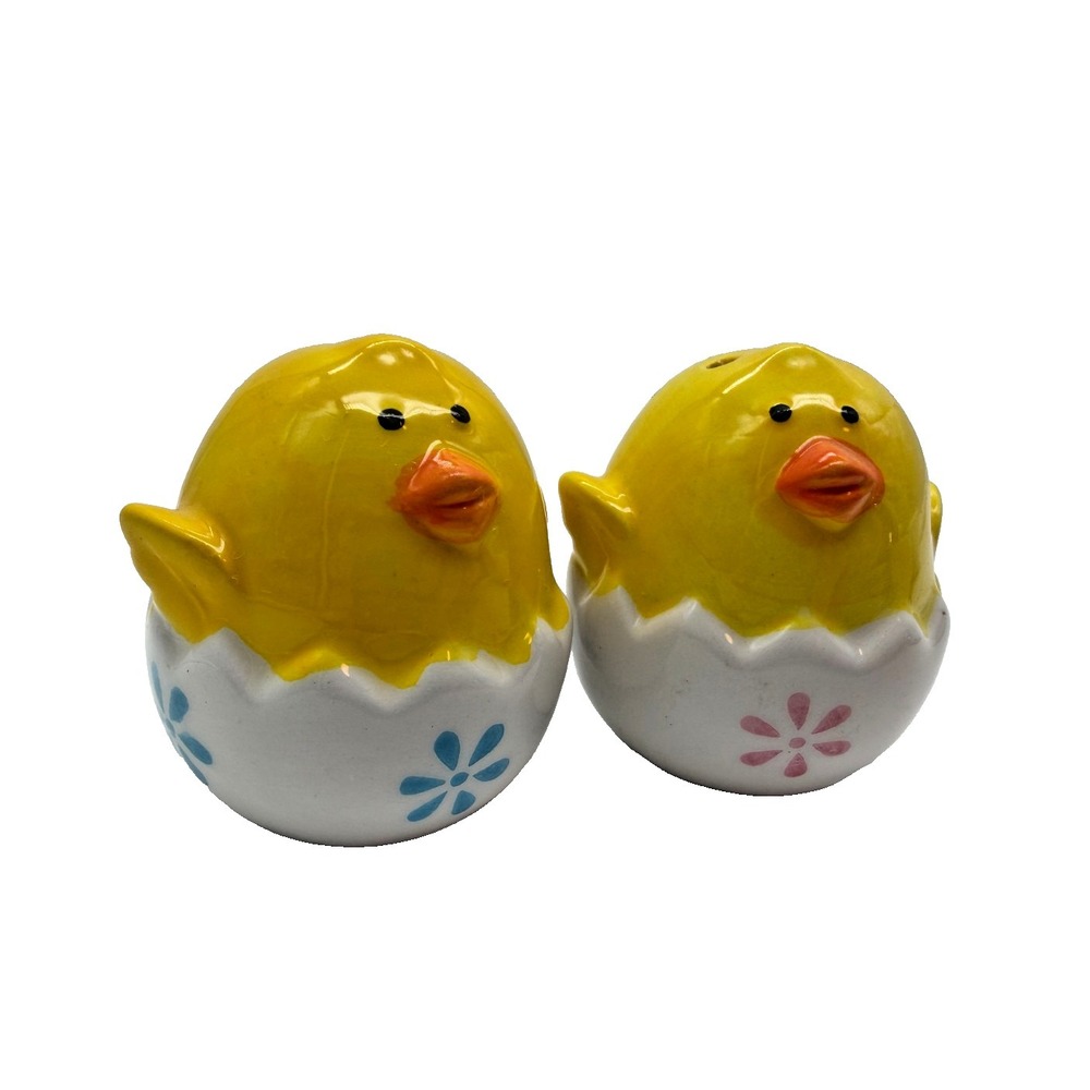 Ceramic Easter Hatching Chick Salt & Pepper Shakers Spring Flower Egg Novelty